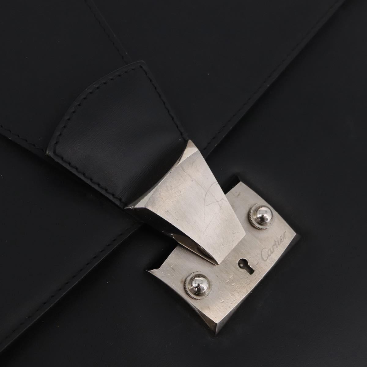 CARTIER Business Bag Leather Black Silver Auth 184924