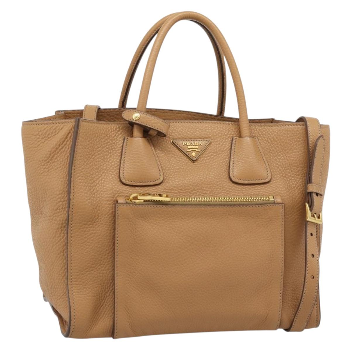 PRADA Hand Bag Leather 2way Beige Gold Auth 184937V