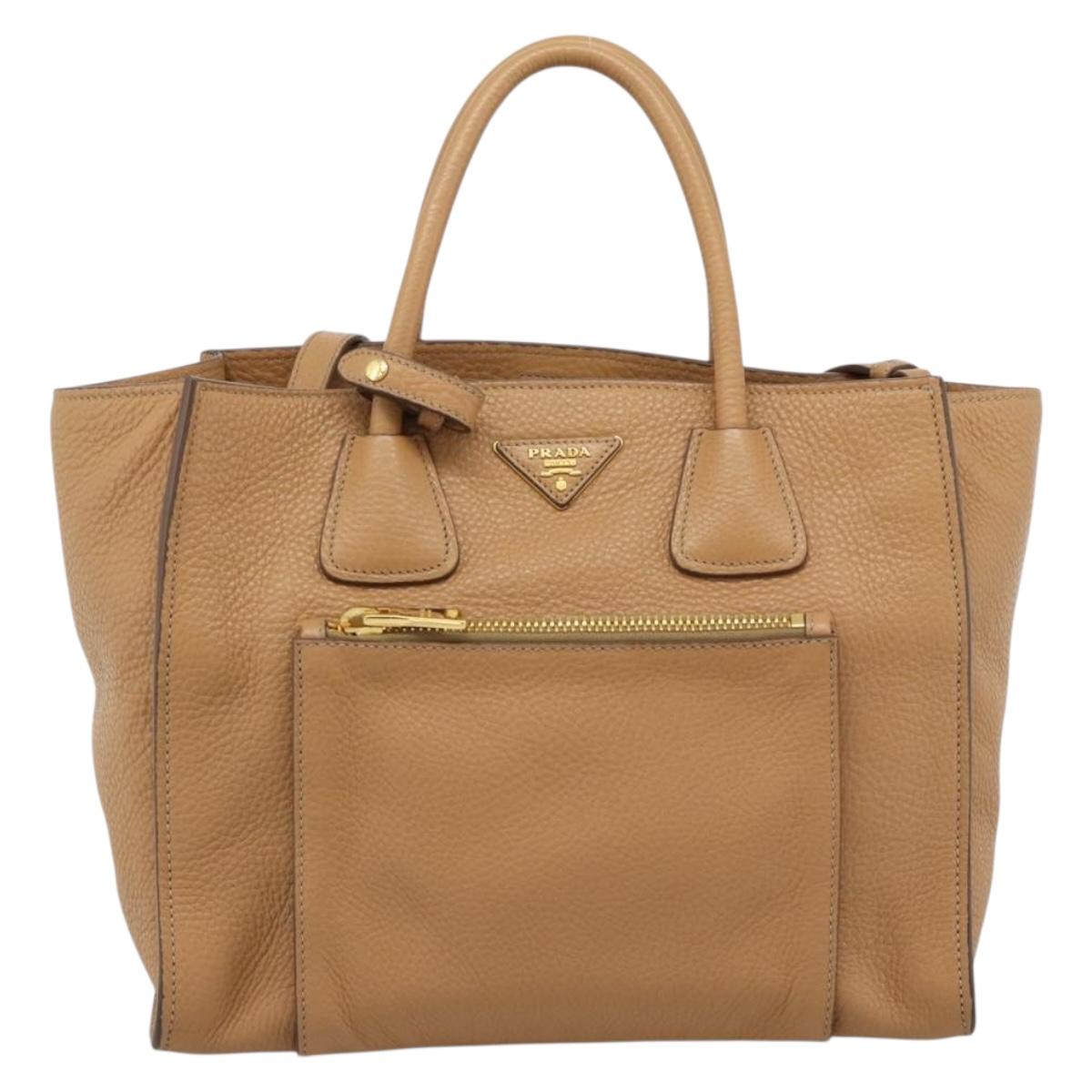 PRADA Hand Bag Leather 2way Beige Gold Auth 184937V
