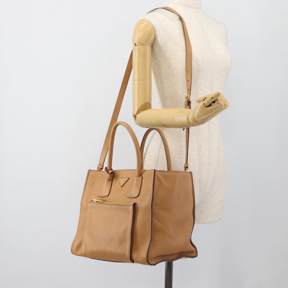 PRADA Hand Bag Leather 2way Beige Gold Auth 184937V
