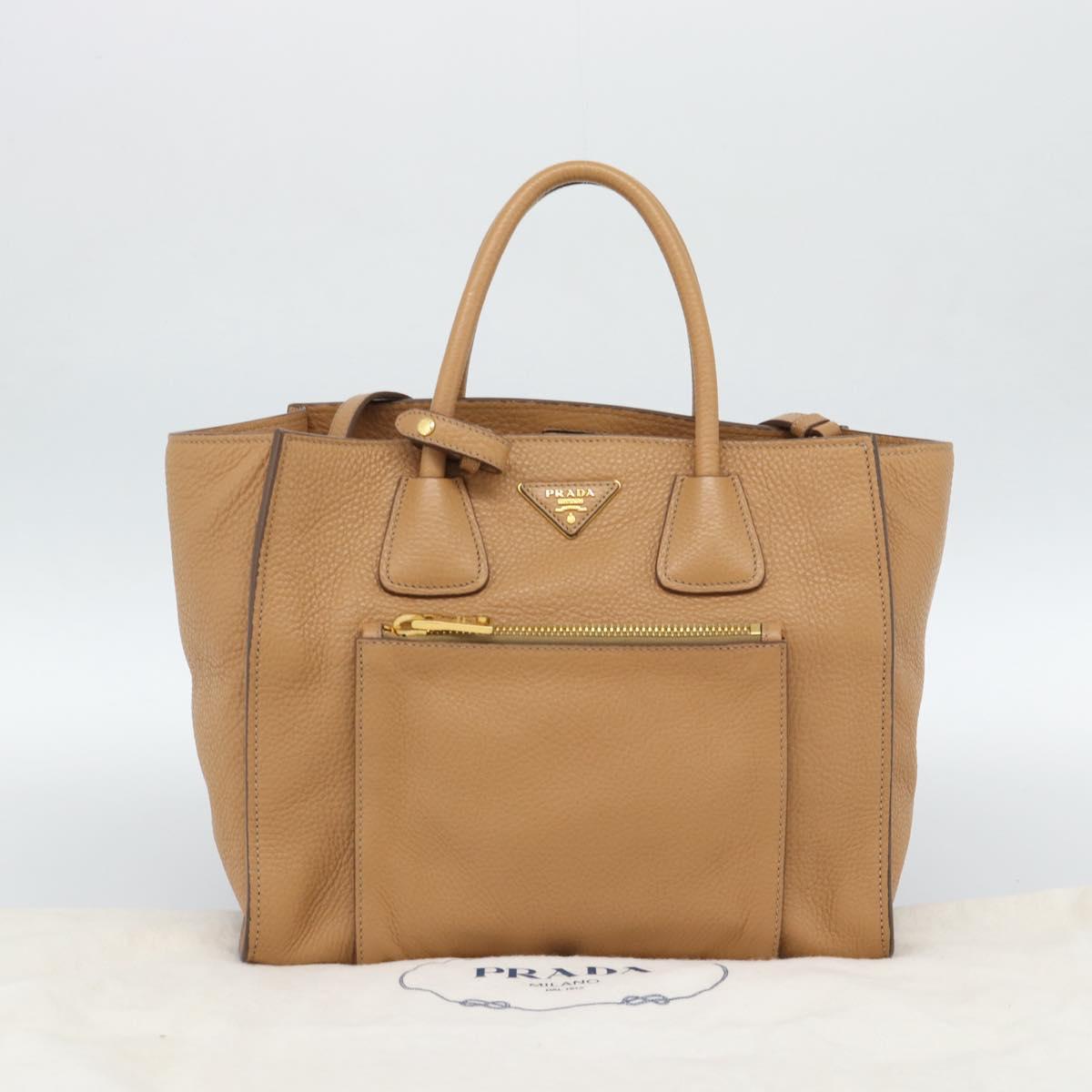 PRADA Hand Bag Leather 2way Beige Gold Auth 184937V