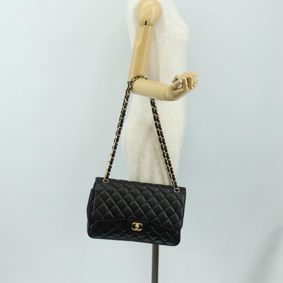 CHANEL Big Matelasse30 Chain Shoulder Bag Lamb Skin Black Gold CC Auth 184946SAV