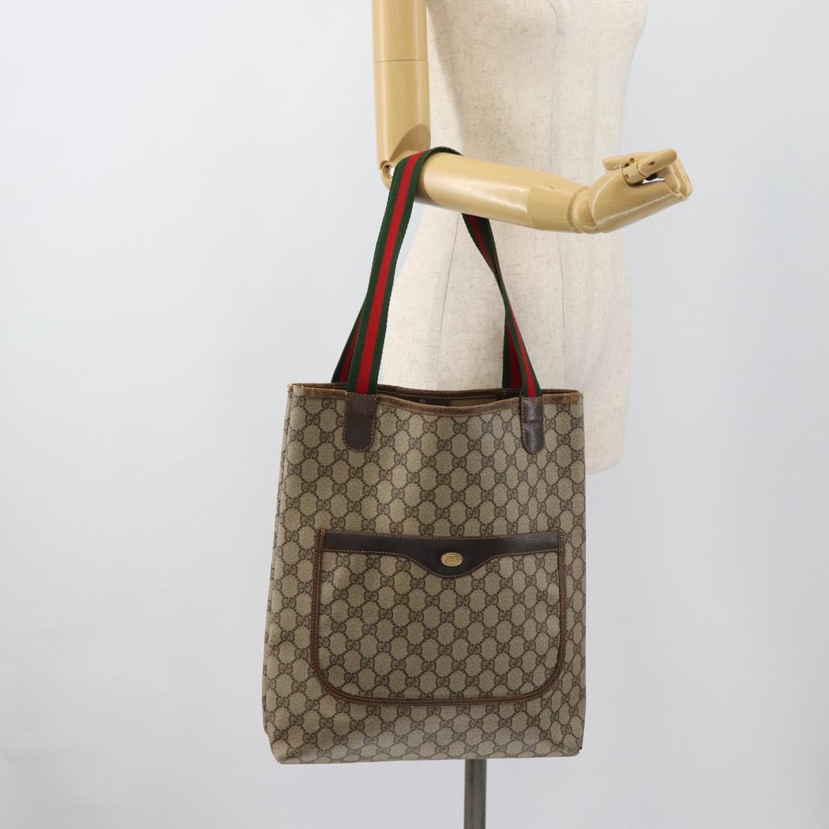 GUCCI GG Supreme Web Sherry Line Tote Bag PVC Beige Gold Auth 184959