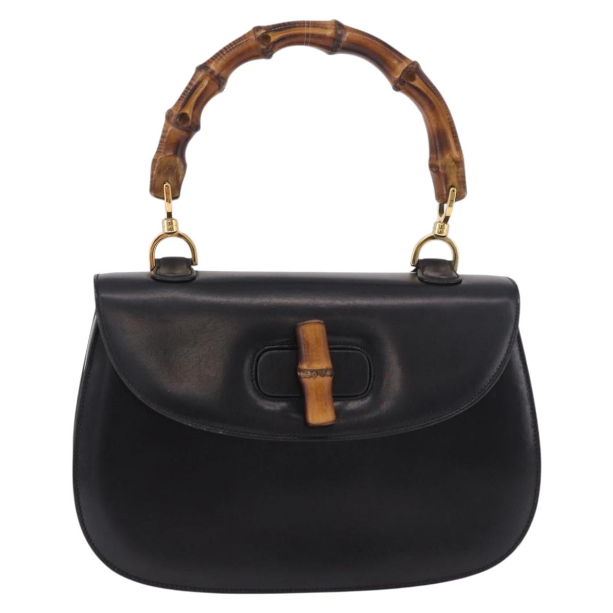 GUCCI Bamboo Hand Bag Leather Black Gold 000 01 0633 Auth 184960V