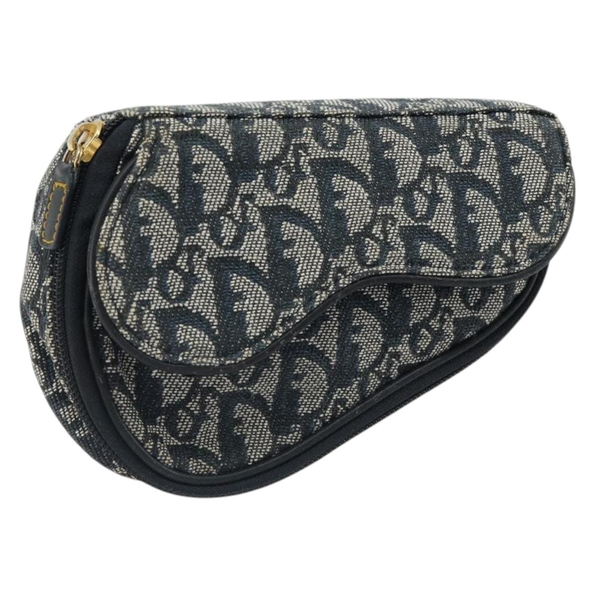 Christian Dior Trotter Canvas Saddle Pouch Navy Gold Auth 184973A