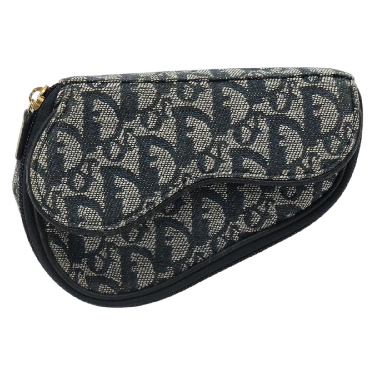 Christian Dior Trotter Canvas Saddle Pouch Navy Gold Auth 184973A