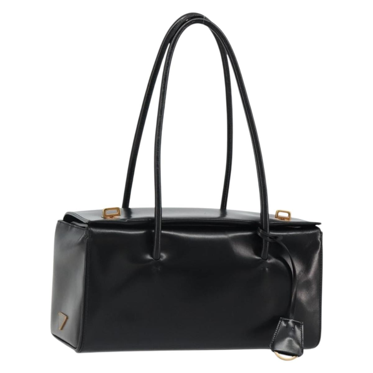 PRADA Hand Bag Leather Black Gold Auth 184974SV