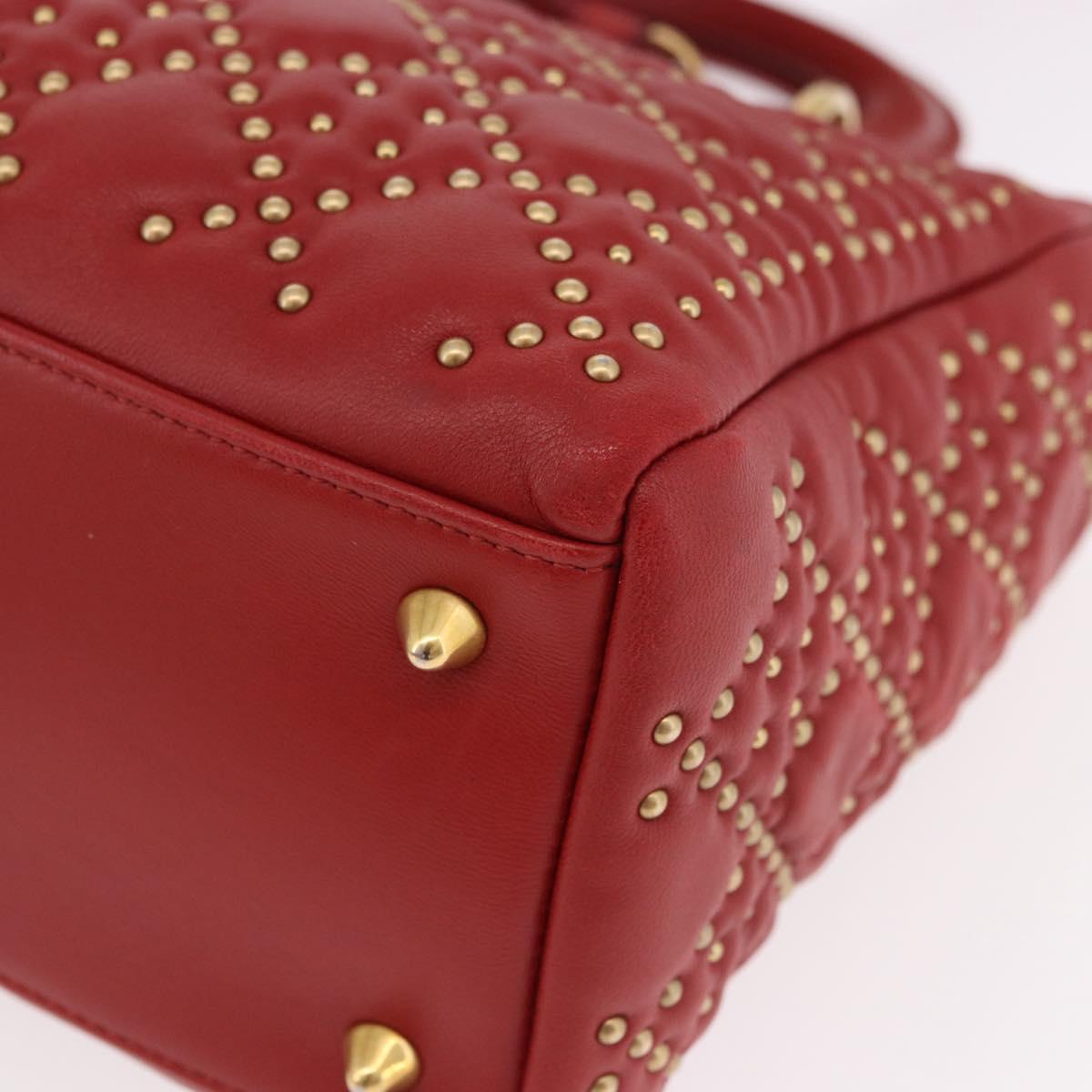 Christian Dior Lady Dior Canage Hand Bag Leather 2way Red Gold Auth 184976M