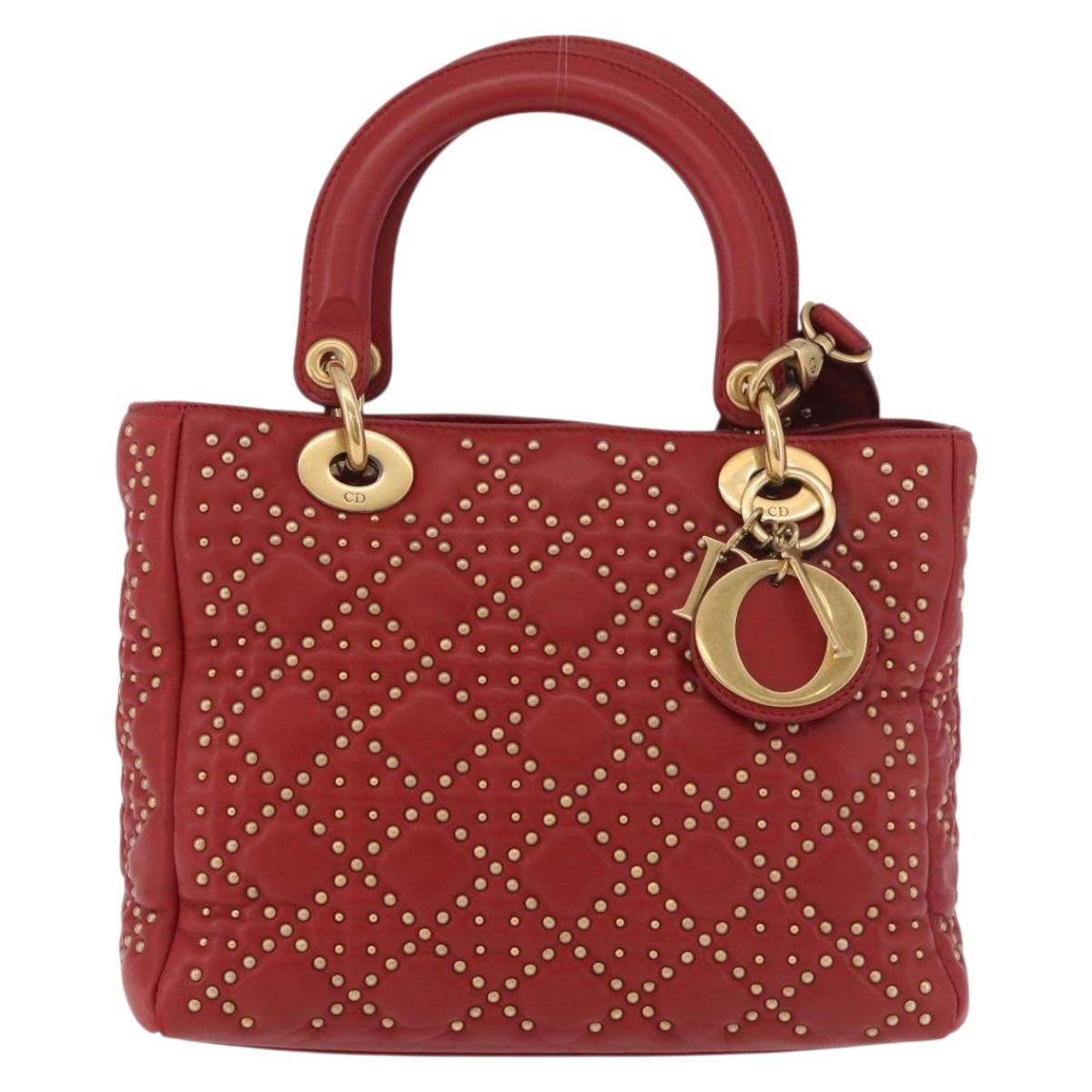 Christian Dior Lady Dior Canage Hand Bag Leather 2way Red Gold Auth 184976M
