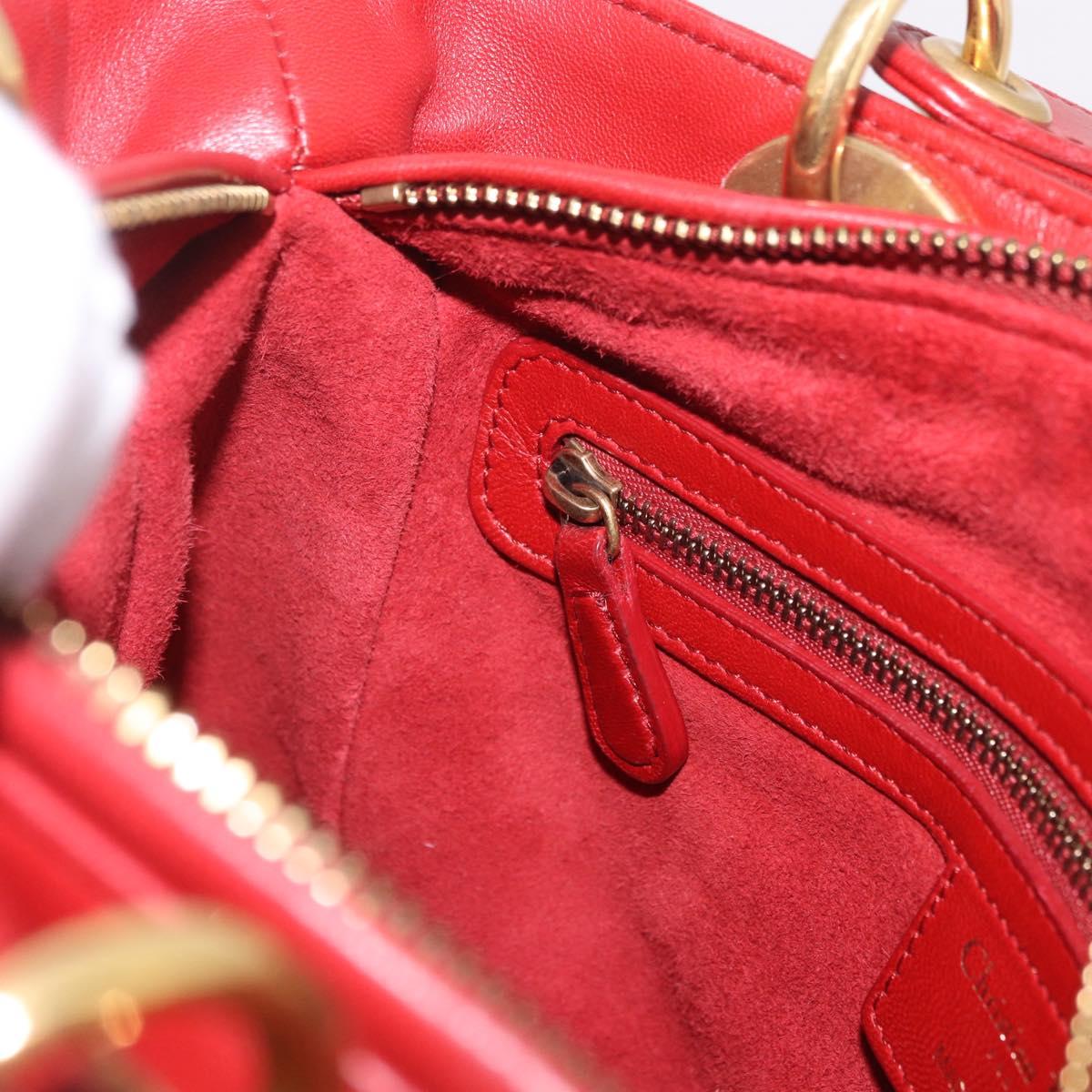 Christian Dior Lady Dior Canage Hand Bag Leather 2way Red Gold Auth 184976M