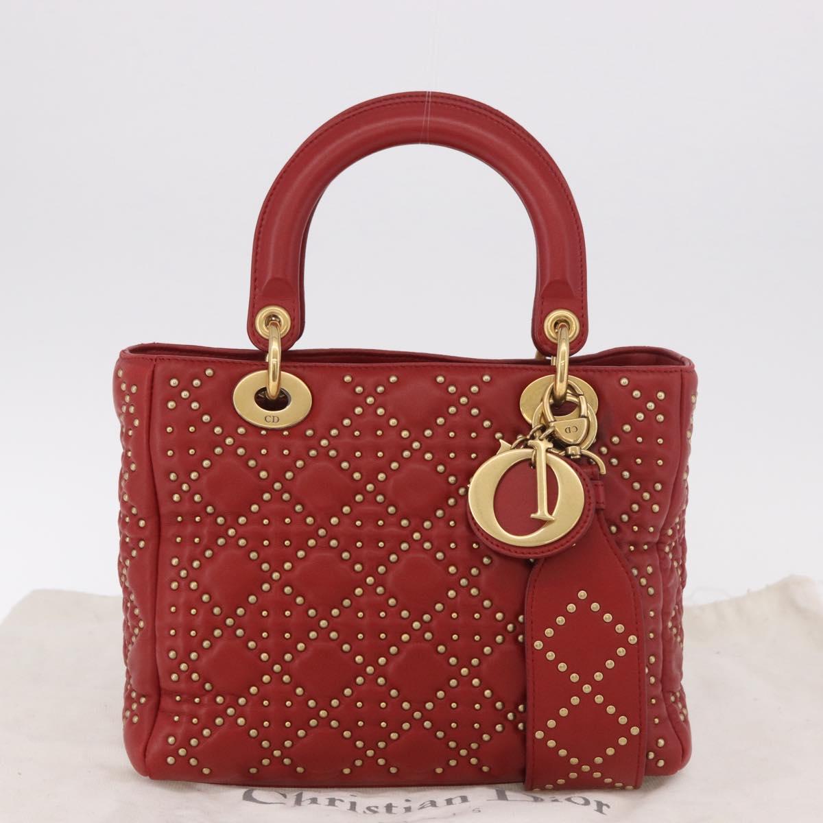 Christian Dior Lady Dior Canage Hand Bag Leather 2way Red Gold Auth 184976M