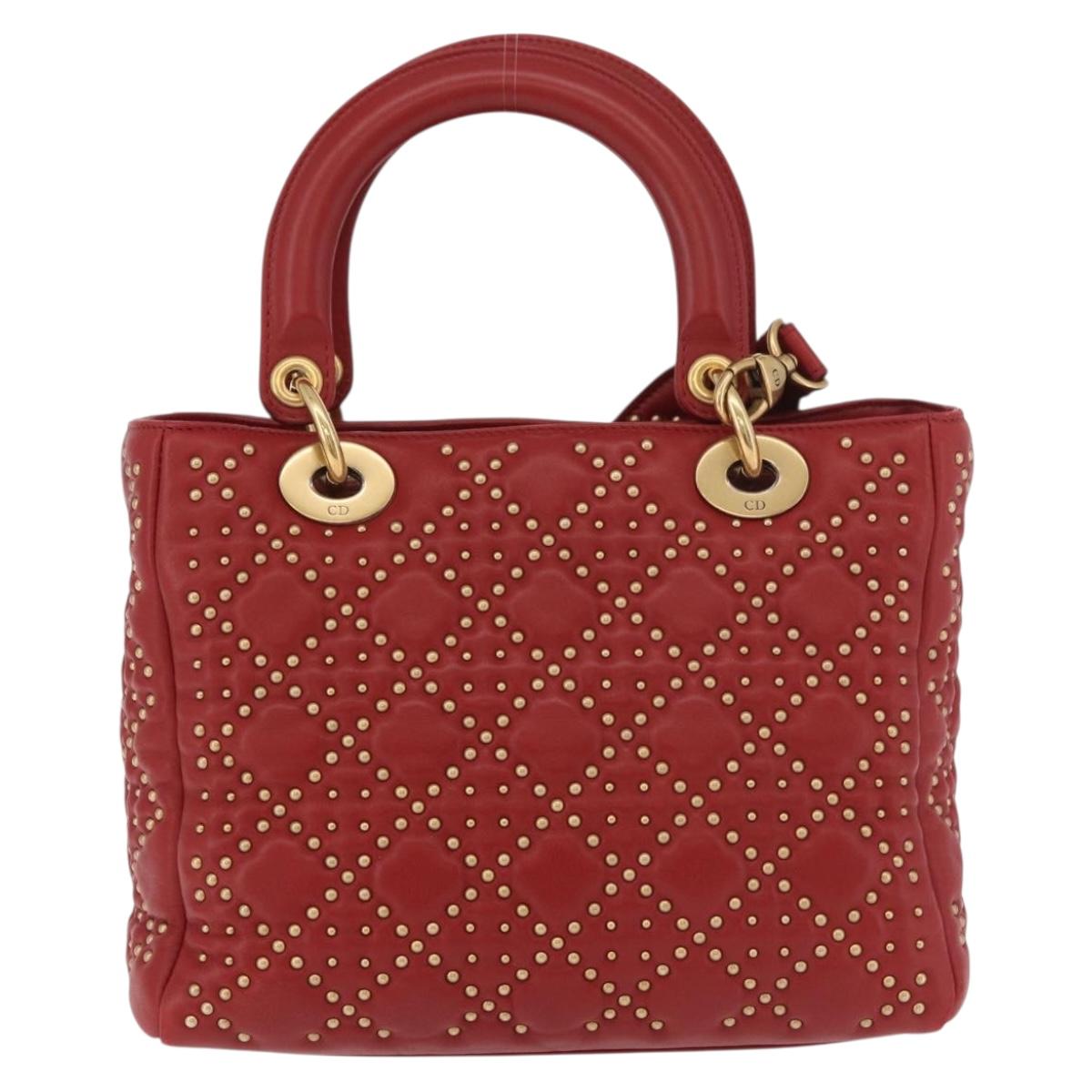 Christian Dior Lady Dior Canage Hand Bag Leather 2way Red Gold Auth 184976M
