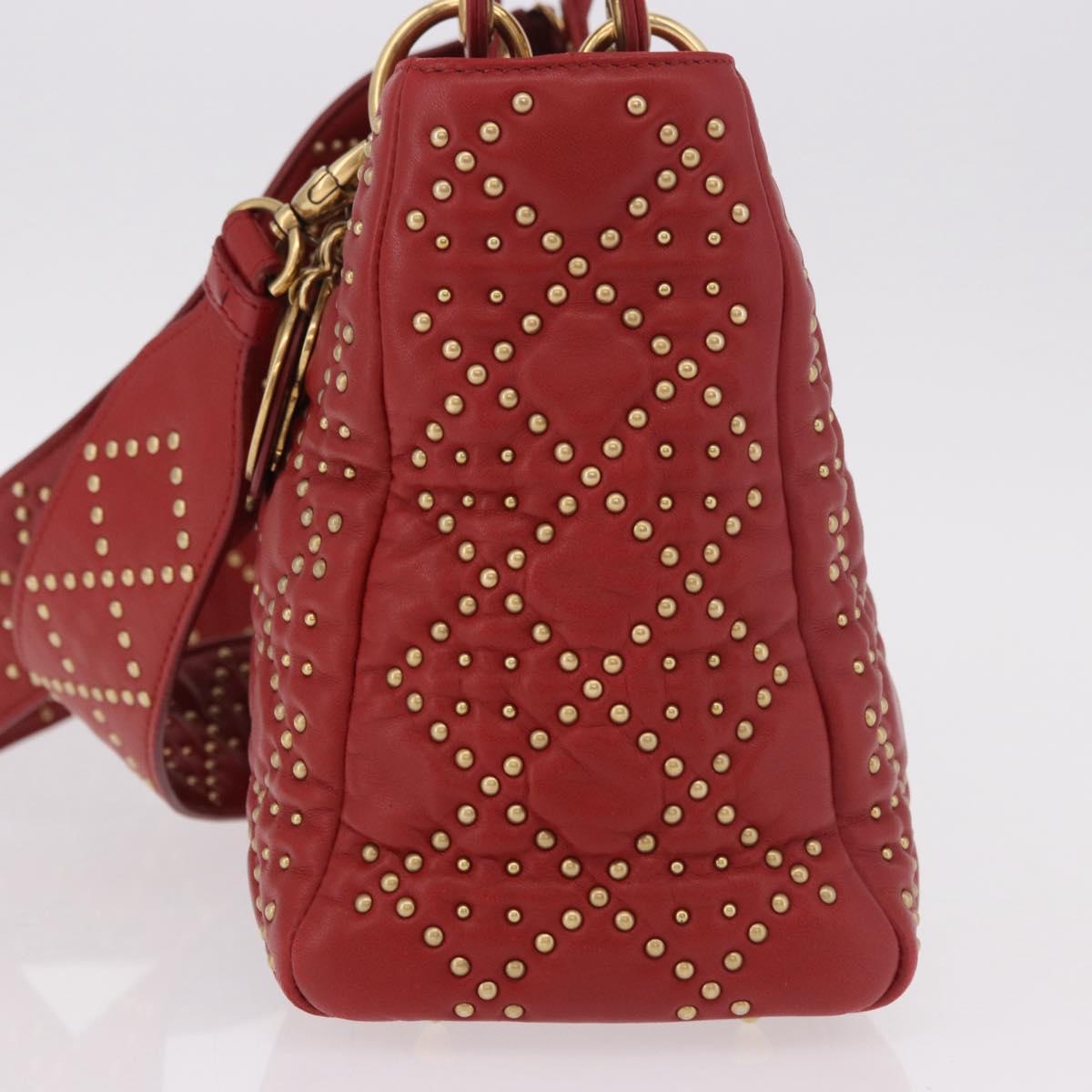 Christian Dior Lady Dior Canage Hand Bag Leather 2way Red Gold Auth 184976M