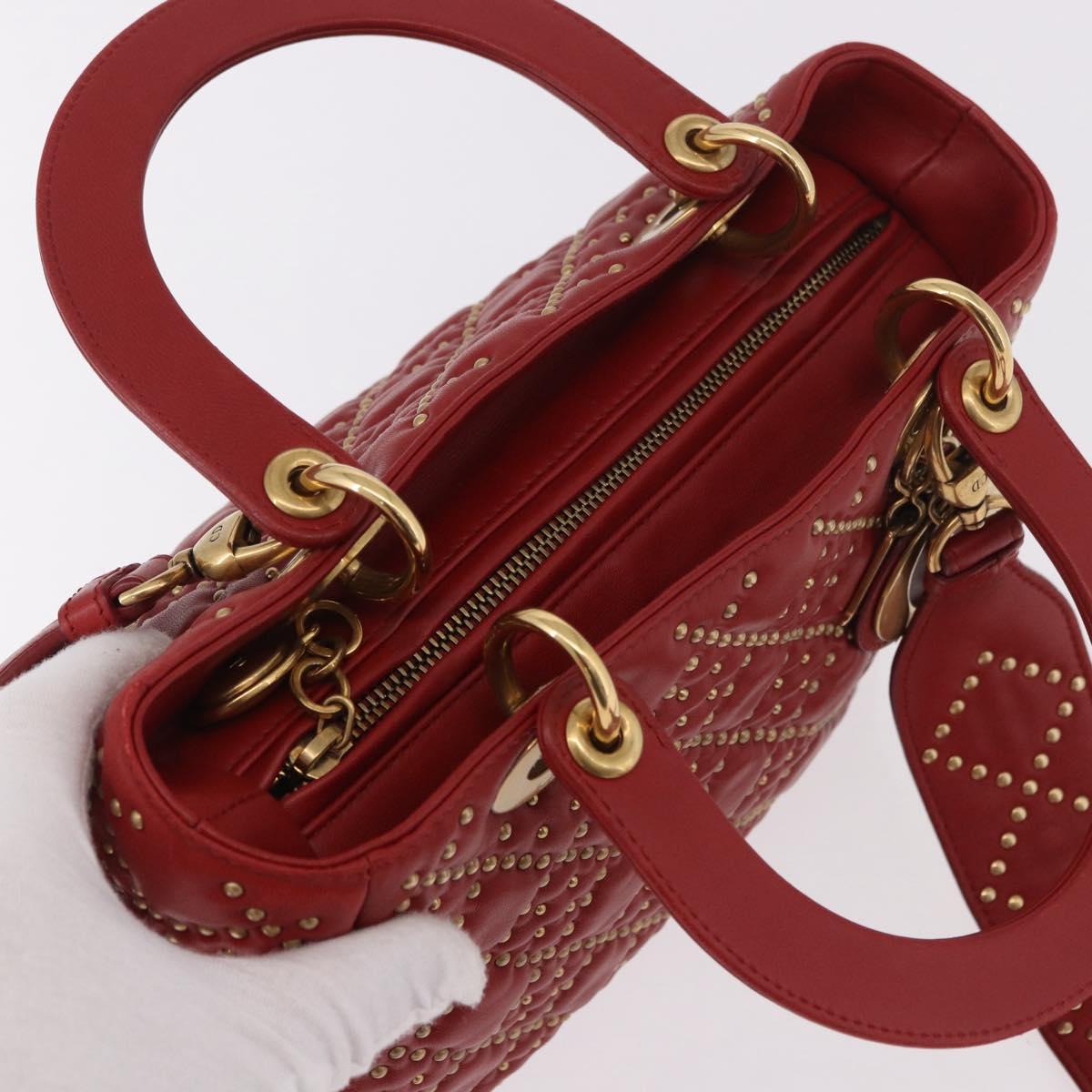Christian Dior Lady Dior Canage Hand Bag Leather 2way Red Gold Auth 184976M
