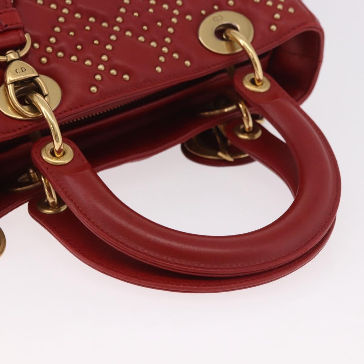 Christian Dior Lady Dior Canage Hand Bag Leather 2way Red Gold Auth 184976M