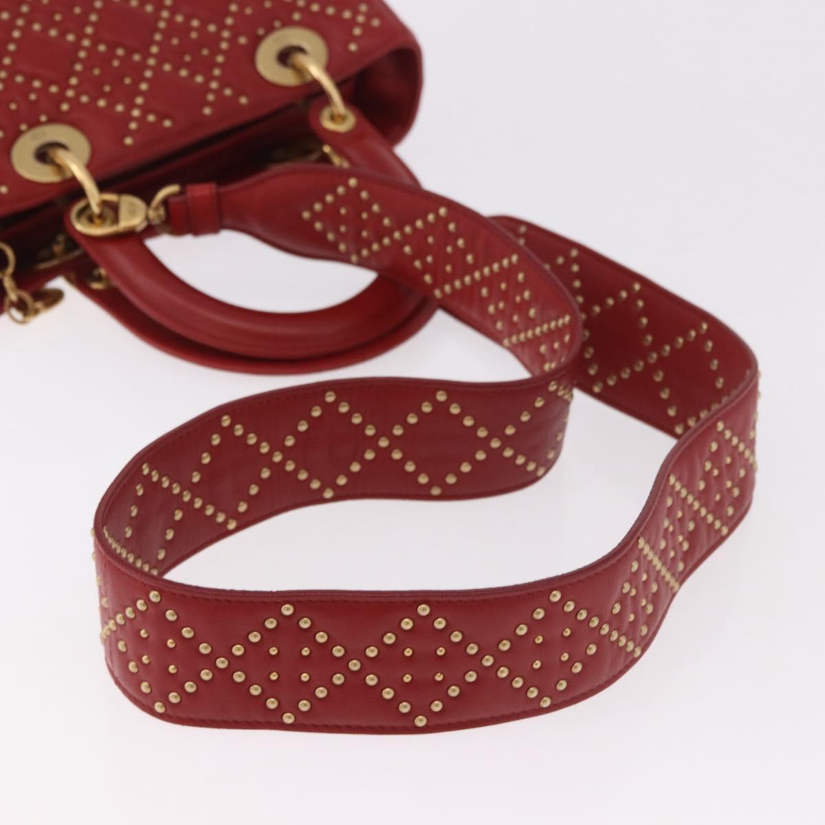 Christian Dior Lady Dior Canage Hand Bag Leather 2way Red Gold Auth 184976M