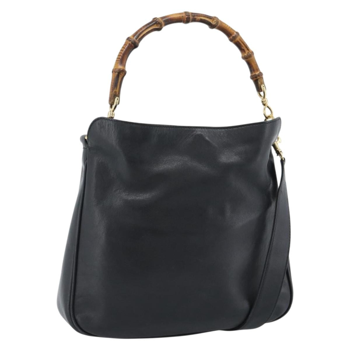 GUCCI Bamboo Shoulder Bag Leather 2way Black Gold 001 1998 1638 Auth 184979