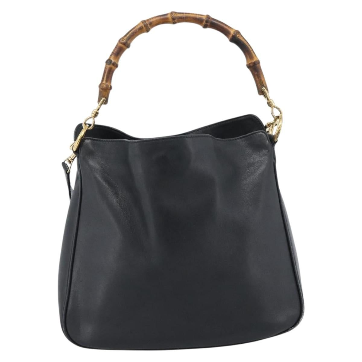 GUCCI Bamboo Shoulder Bag Leather 2way Black Gold 001 1998 1638 Auth 184979