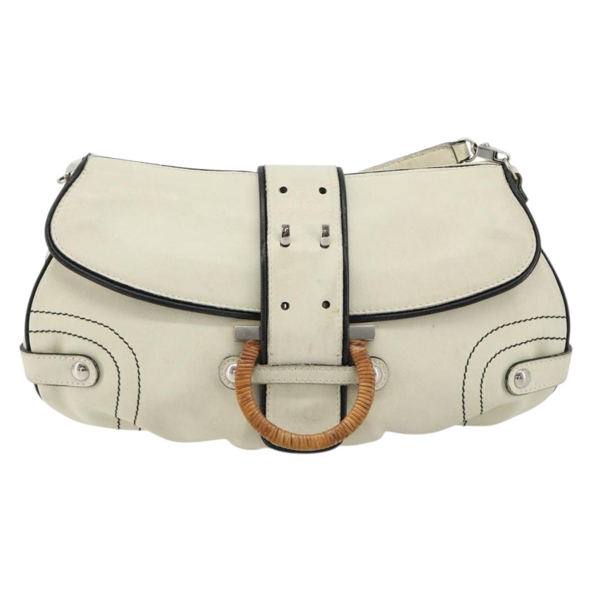 Salvatore Ferragamo Gancini Shoulder Bag Leather Ivory Silver Auth 184983