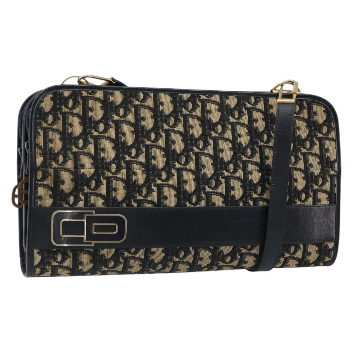 Christian Dior Trotter Canvas Shoulder Bag Navy Gold Auth 185007A