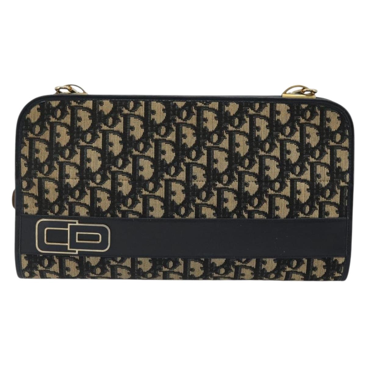 Christian Dior Trotter Canvas Shoulder Bag Navy Gold Auth 185007A