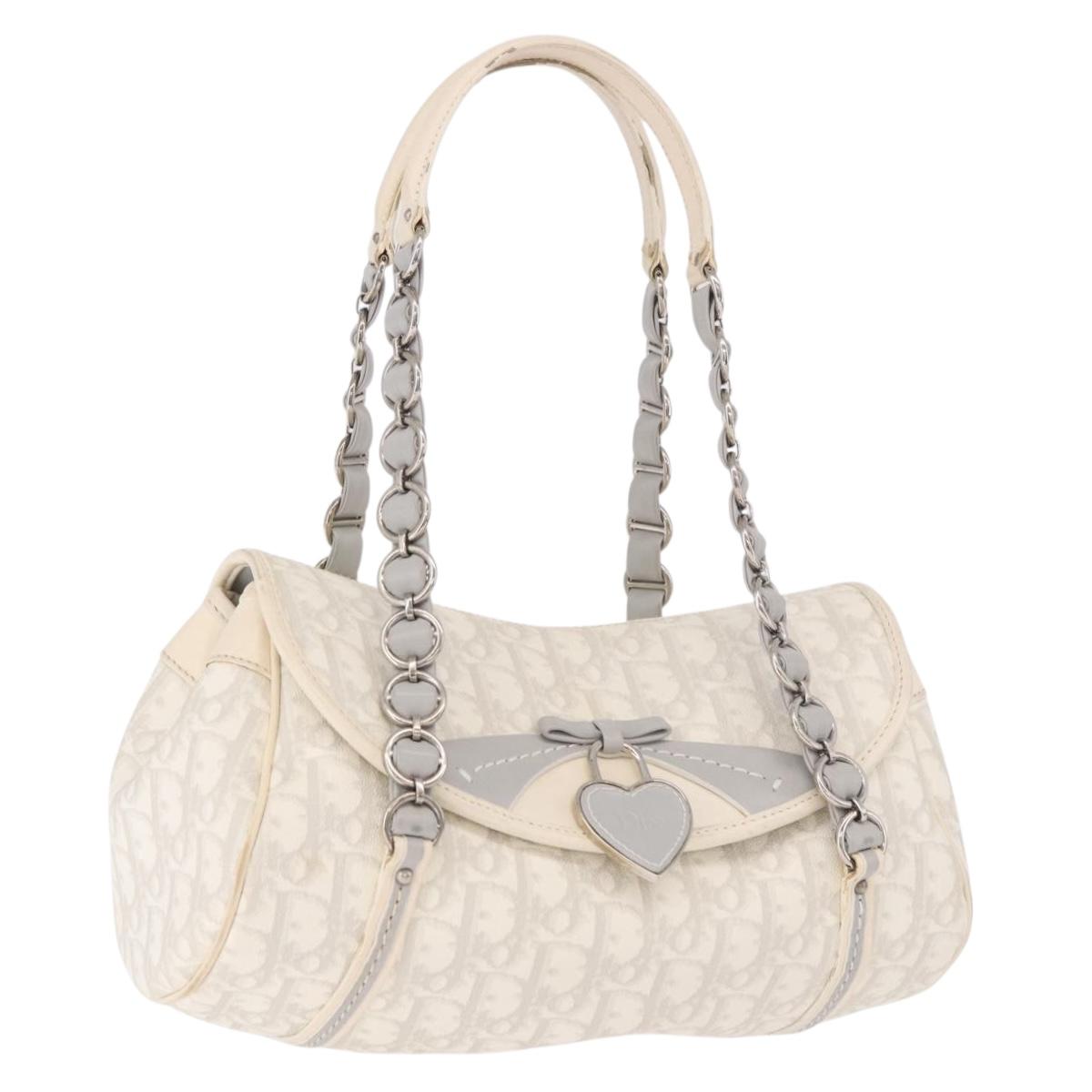 Christian Dior Trotter Canvas Romantic Chain Bag PVC White Silver Auth 185008SAV
