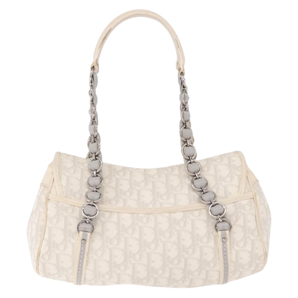 Christian Dior Trotter Canvas Romantic Chain Bag PVC White Silver Auth 185008SAV