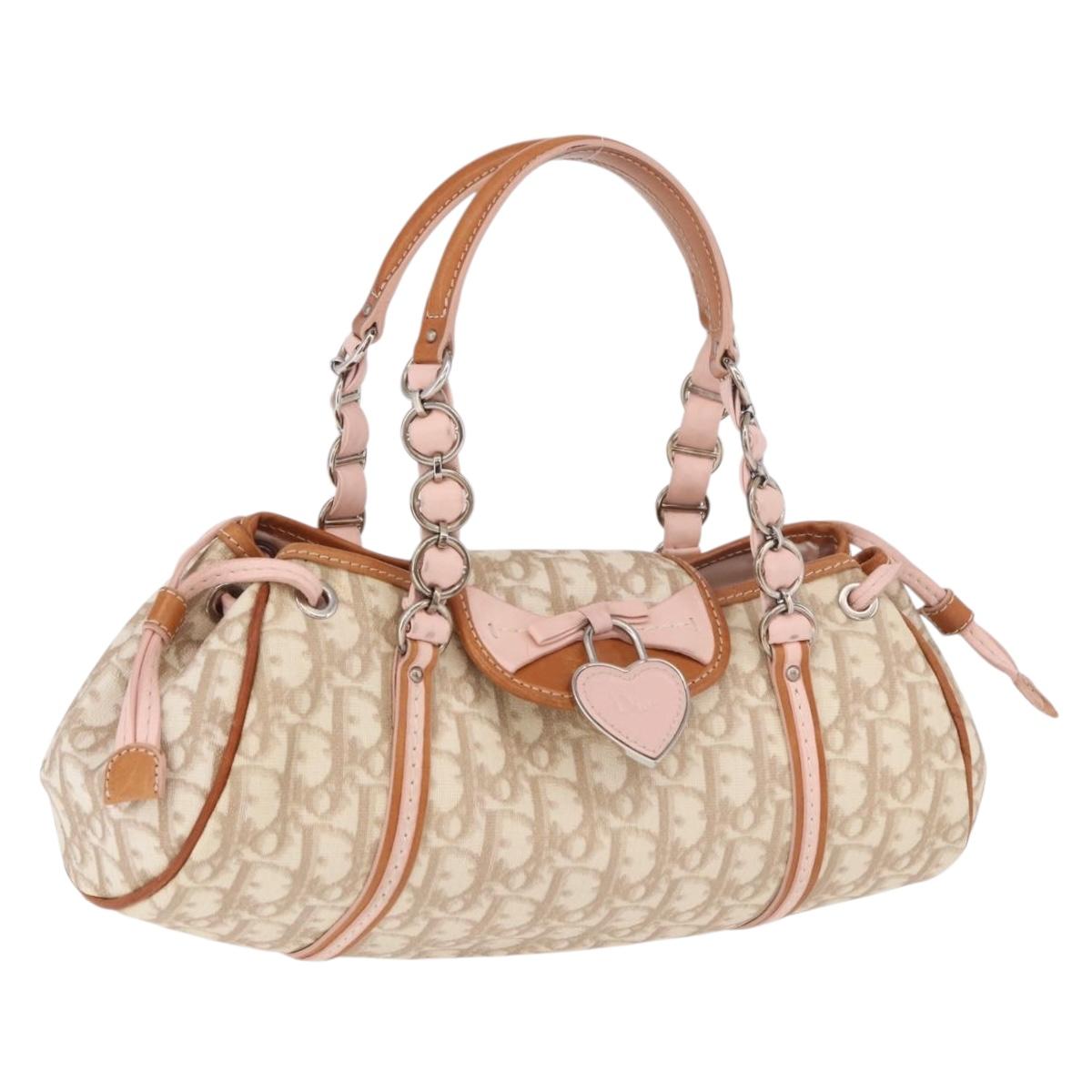 Christian Dior Trotter Canvas Romantic Hand Bag PVC Beige Silver Auth 185009SAM