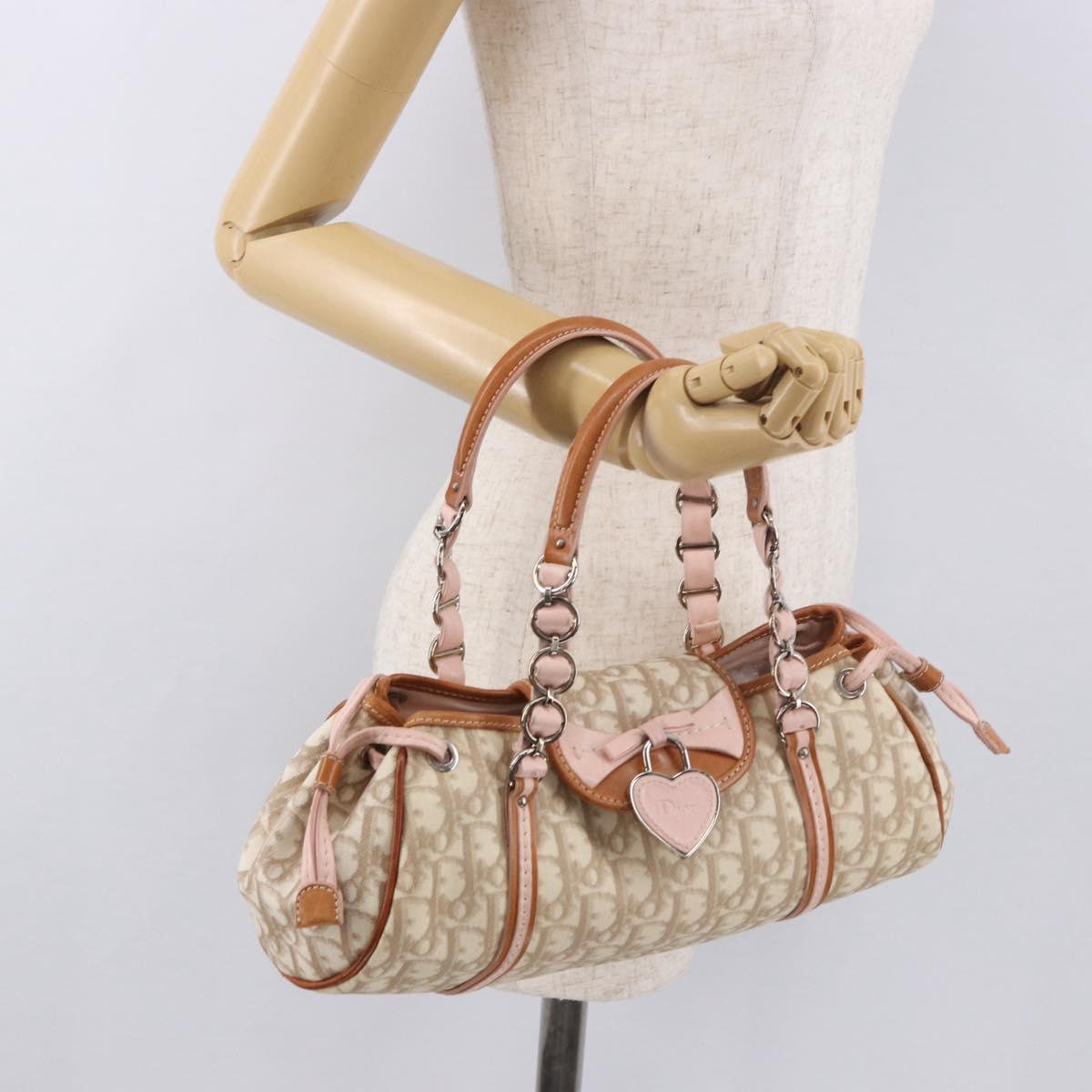 Christian Dior Trotter Canvas Romantic Hand Bag PVC Beige Silver Auth 185009SAM