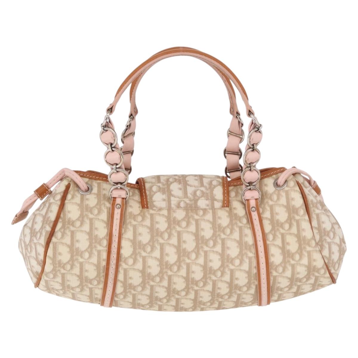 Christian Dior Trotter Canvas Romantic Hand Bag PVC Beige Silver Auth 185009SAM
