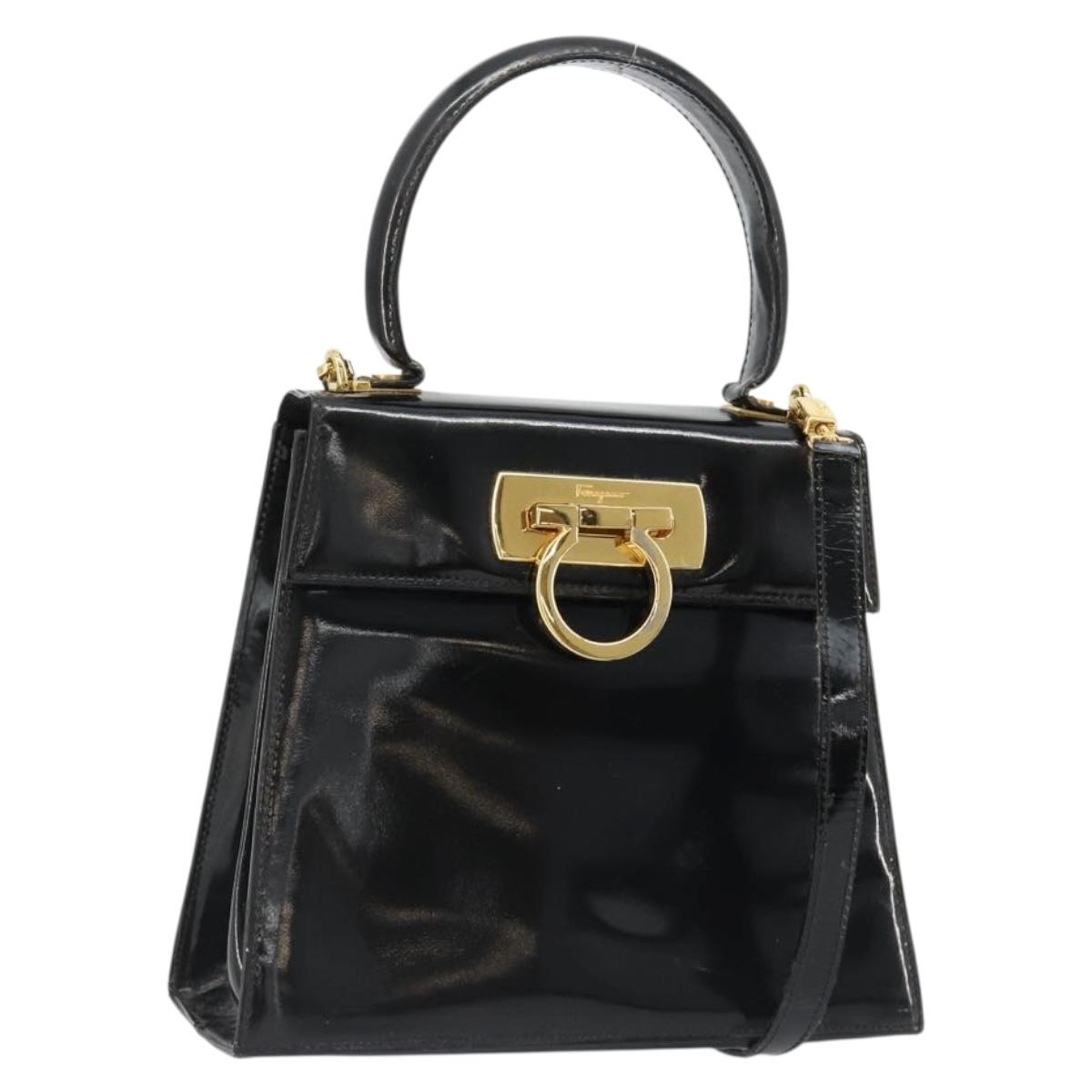 Salvatore Ferragamo Gancini Hand Bag Leather 2way Black Gold Auth 185010
