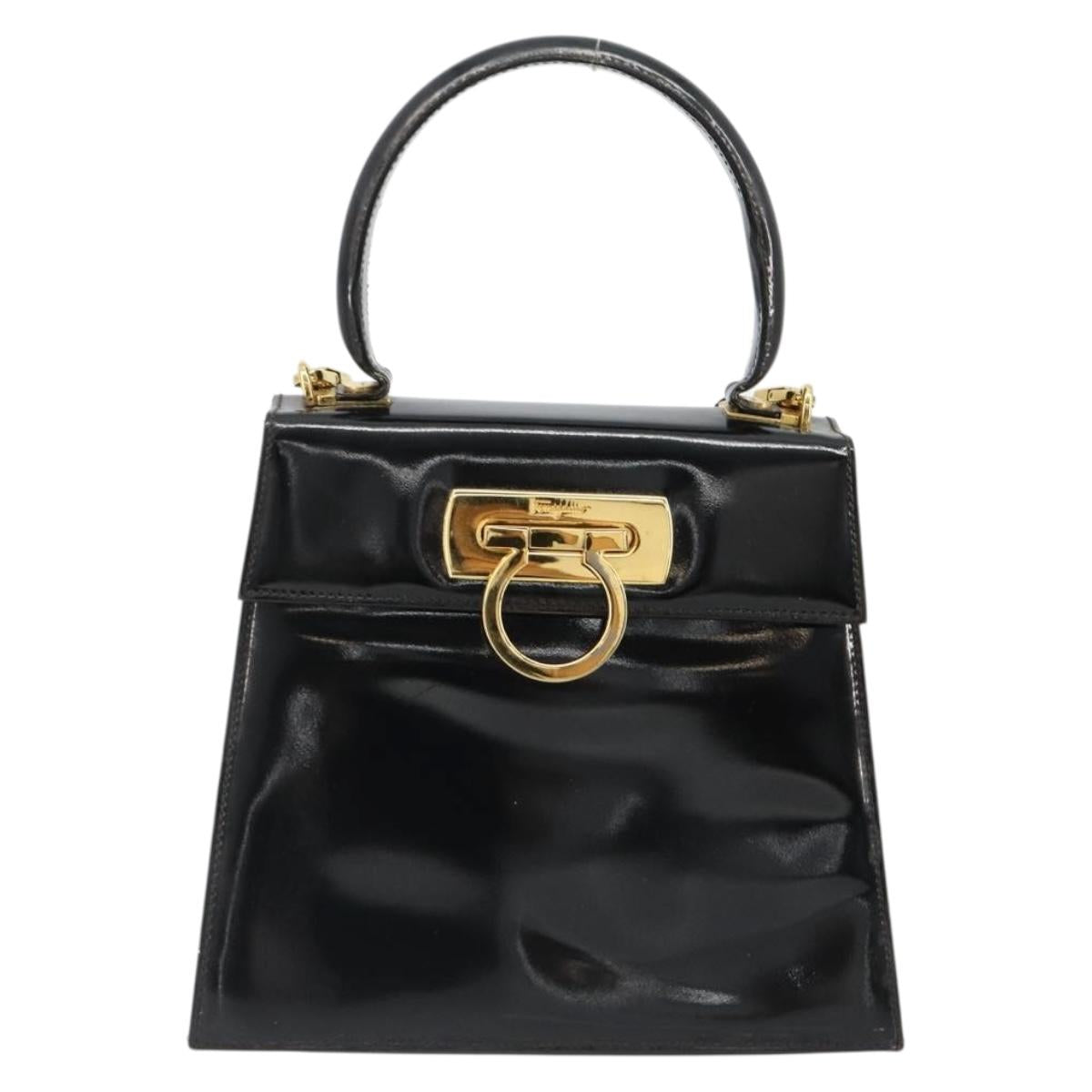 Salvatore Ferragamo Gancini Hand Bag Leather 2way Black Gold Auth 185010