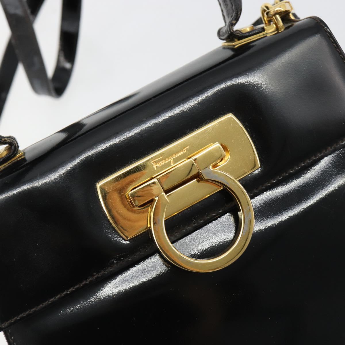 Salvatore Ferragamo Gancini Hand Bag Leather 2way Black Gold Auth 185010