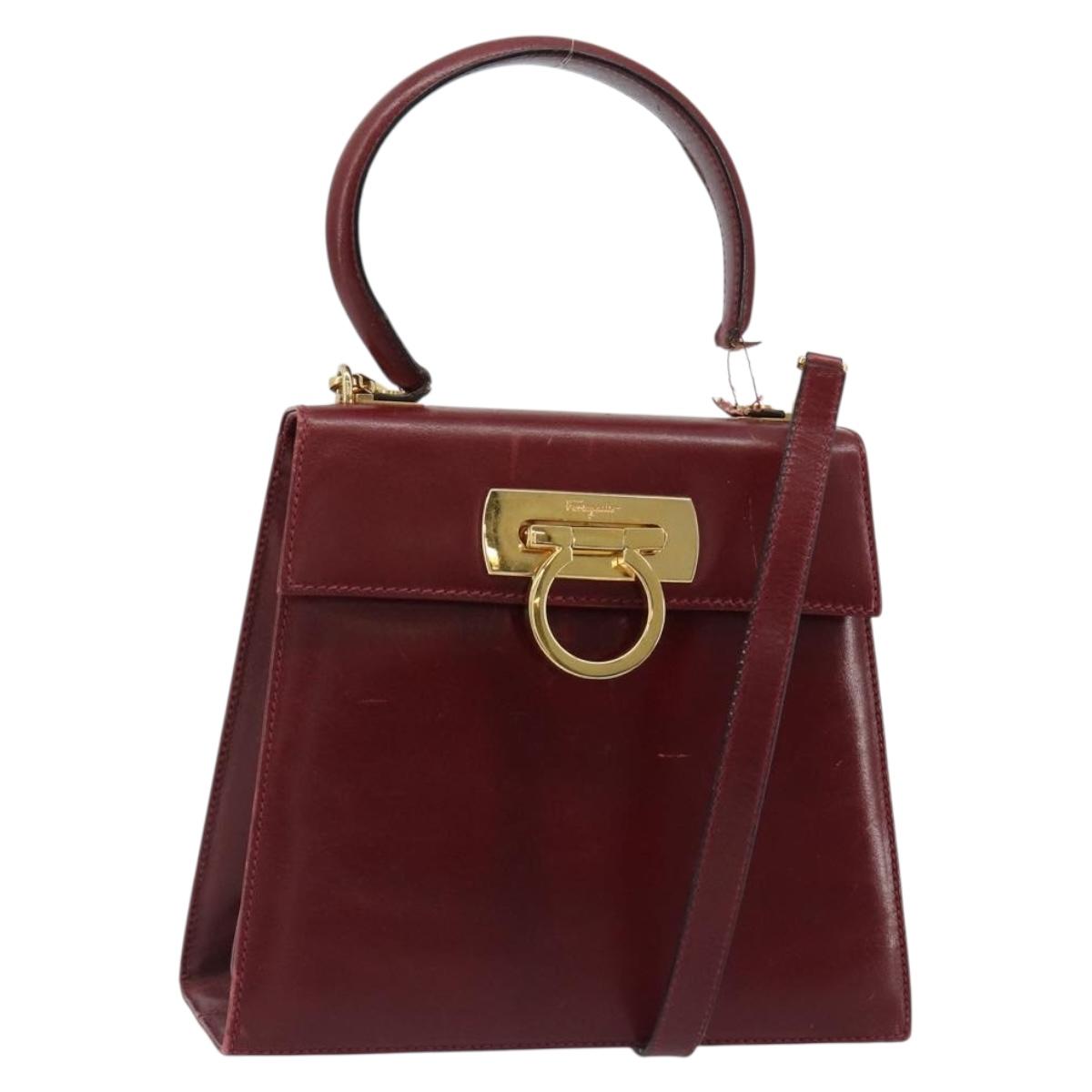 Salvatore Ferragamo Gancini Hand Bag Leather 2way Red Gold Auth 185011