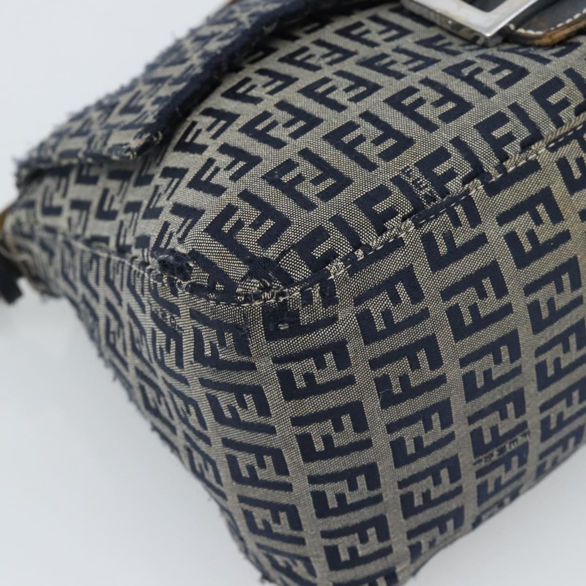 FENDI Zucchino Canvas Mamma Baguette Shoulder Bag Navy Silver Auth 185018