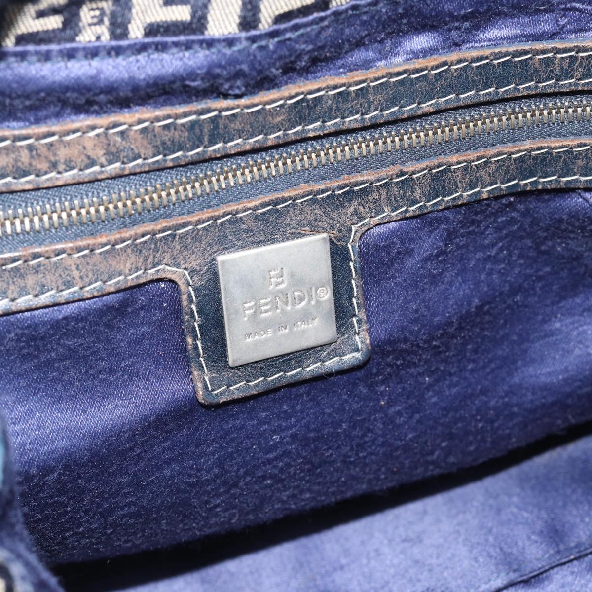 FENDI Zucchino Canvas Mamma Baguette Shoulder Bag Navy Silver Auth 185018