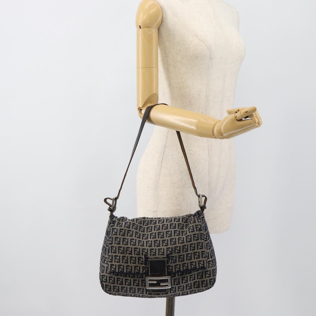 FENDI Zucchino Canvas Mamma Baguette Shoulder Bag Navy Silver Auth 185018
