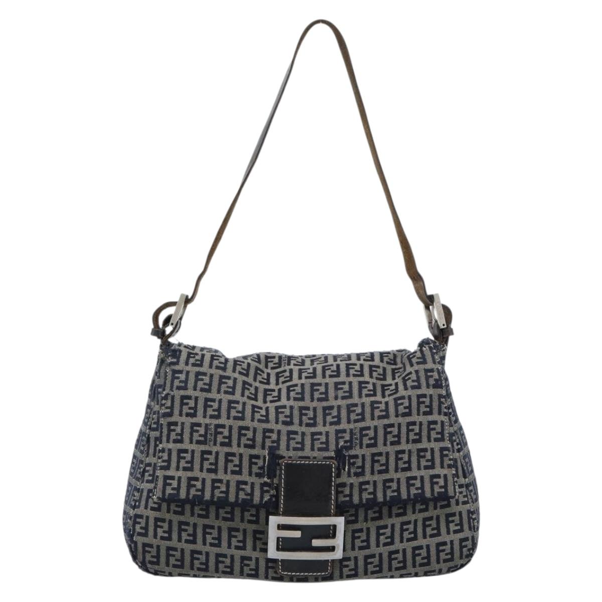 FENDI Zucchino Canvas Mamma Baguette Shoulder Bag Navy Silver Auth 185018