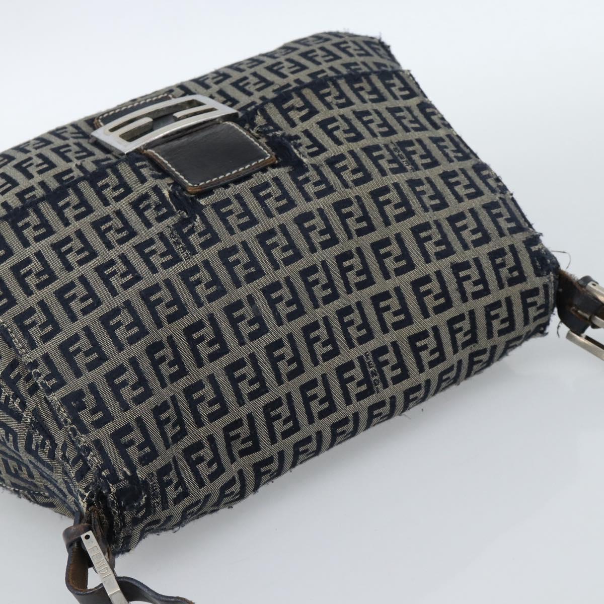 FENDI Zucchino Canvas Mamma Baguette Shoulder Bag Navy Silver Auth 185018