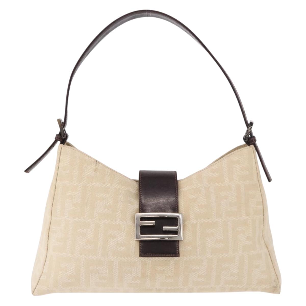 FENDI Zucca Canvas Mamma Baguette Shoulder Bag Beige Silver Auth 185021V