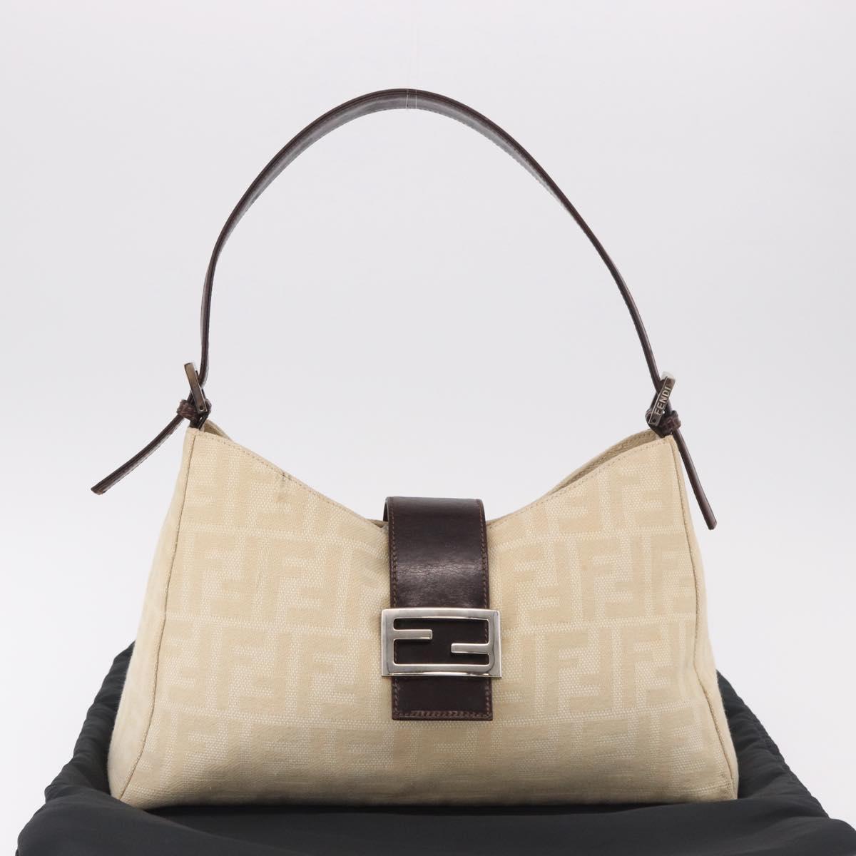 FENDI Zucca Canvas Mamma Baguette Shoulder Bag Beige Silver Auth 185021V
