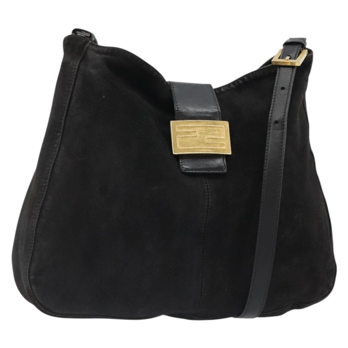 FENDI Mamma Baguette Shoulder Bag Suede Black Gold Auth 185022