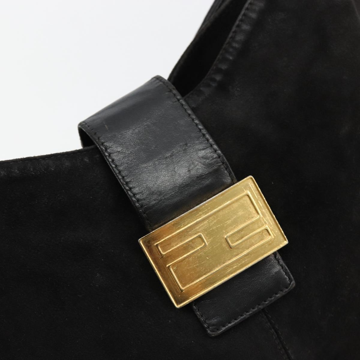 FENDI Mamma Baguette Shoulder Bag Suede Black Gold Auth 185022