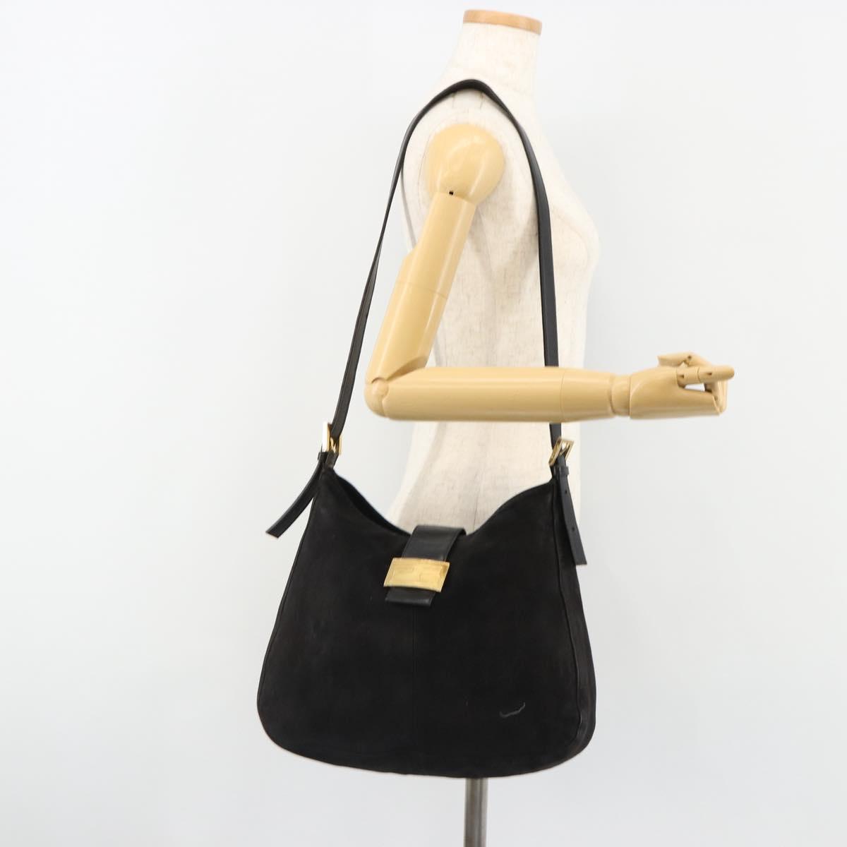 FENDI Mamma Baguette Shoulder Bag Suede Black Gold Auth 185022