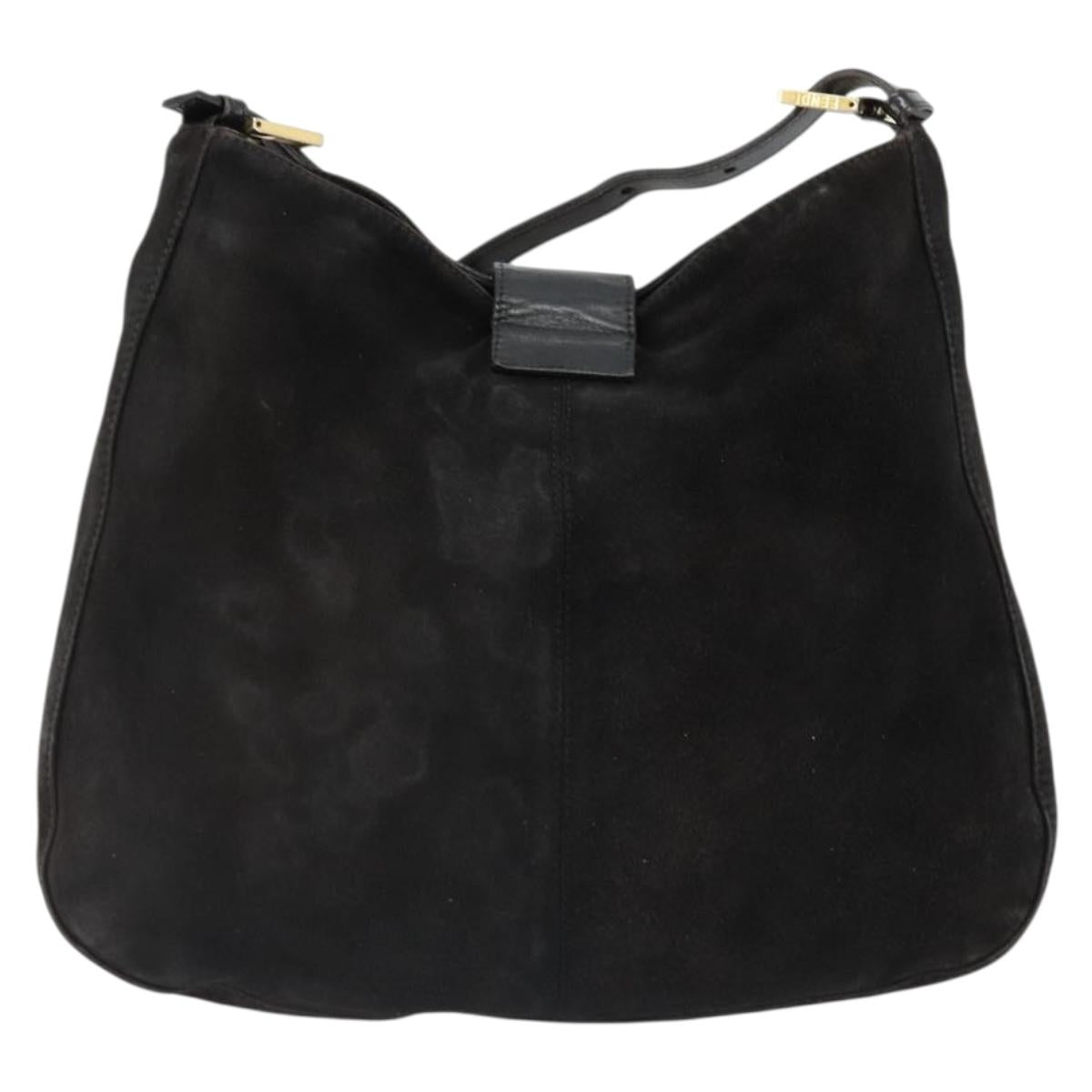 FENDI Mamma Baguette Shoulder Bag Suede Black Gold Auth 185022