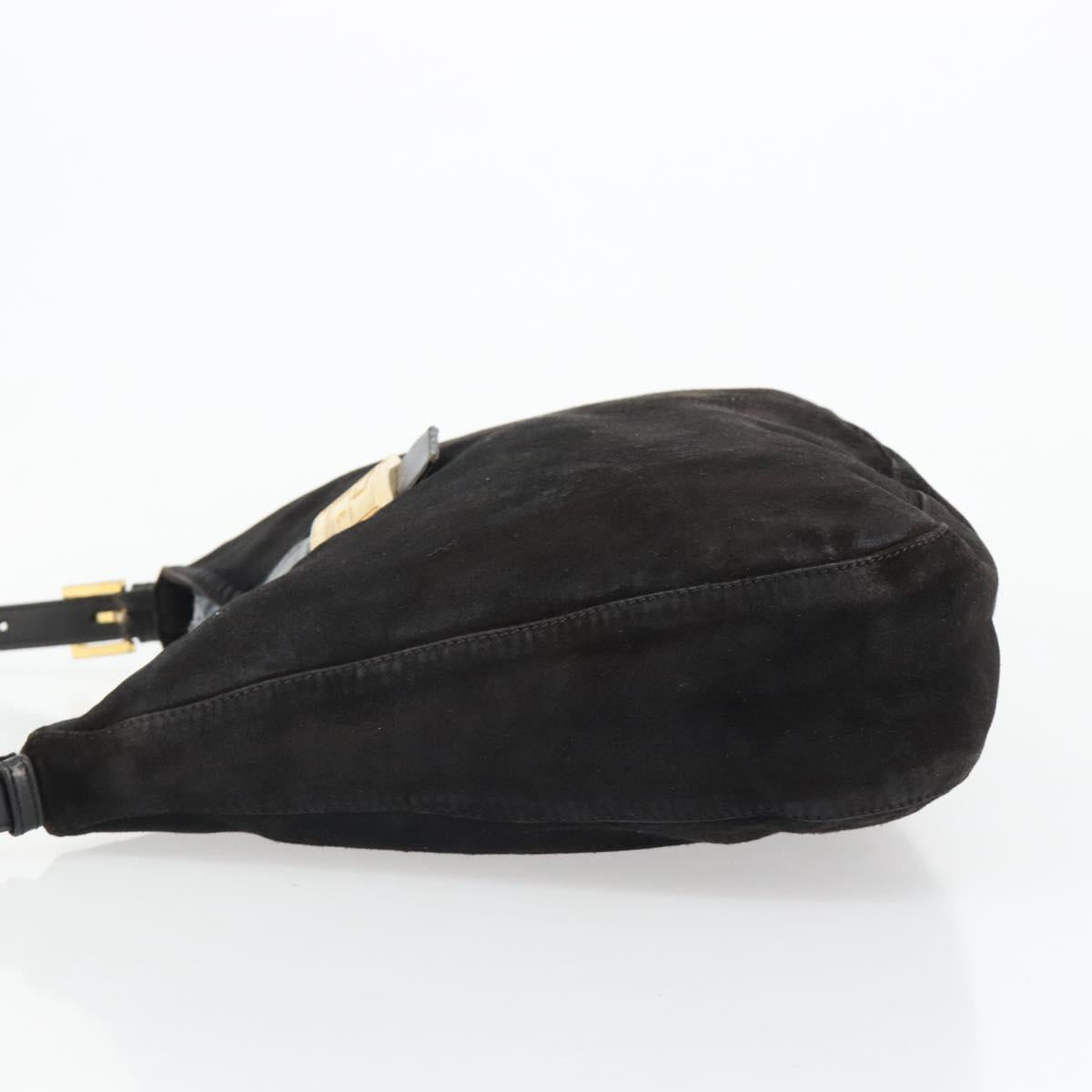 FENDI Mamma Baguette Shoulder Bag Suede Black Gold Auth 185022