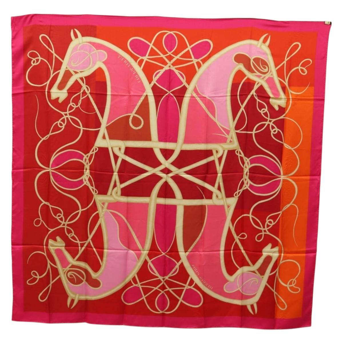 HERMES Carre 140 Scarf ""Coup de Fouet"" Silk Pink Auth 185059M
