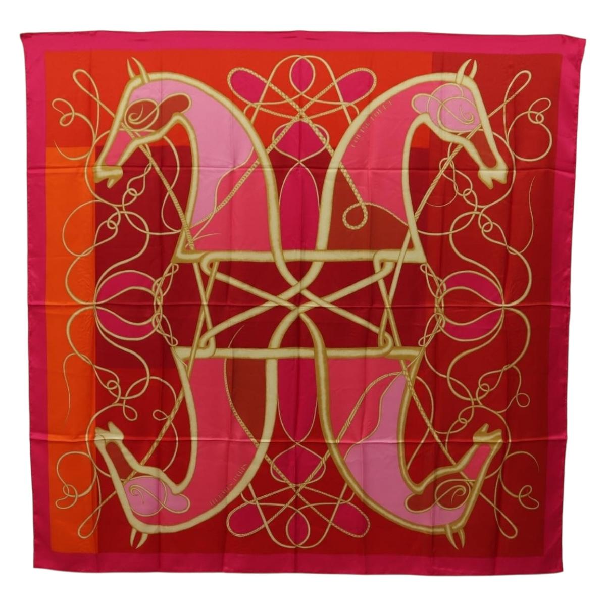 HERMES Carre 140 Scarf ""Coup de Fouet"" Silk Pink Auth 185059M