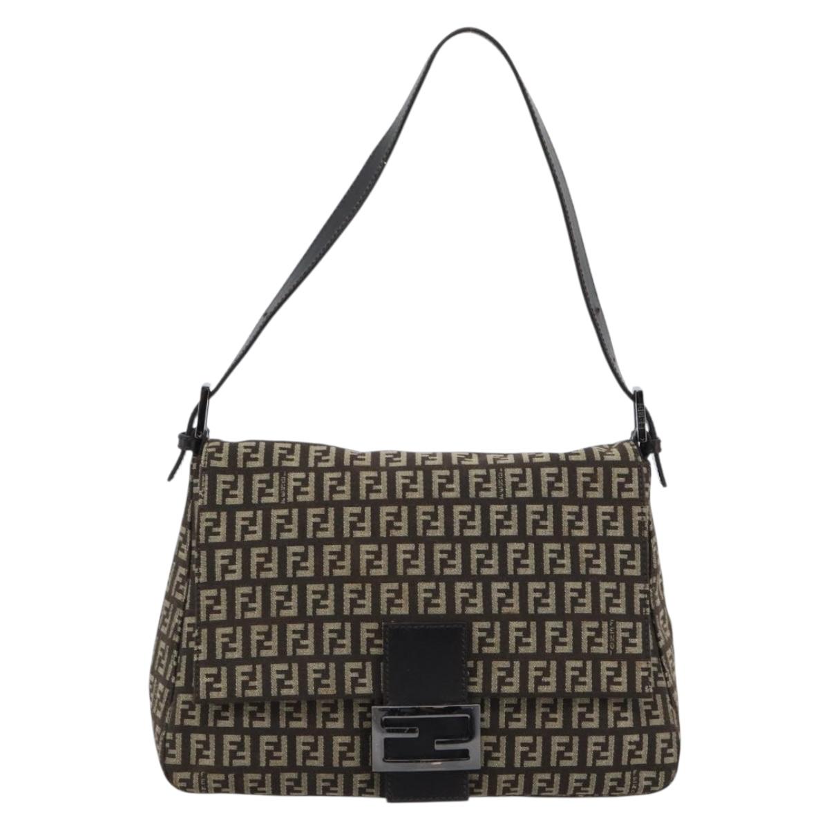 FENDI Zucchino Canvas Mamma Baguette Shoulder Bag Beige Silver Auth 185079V