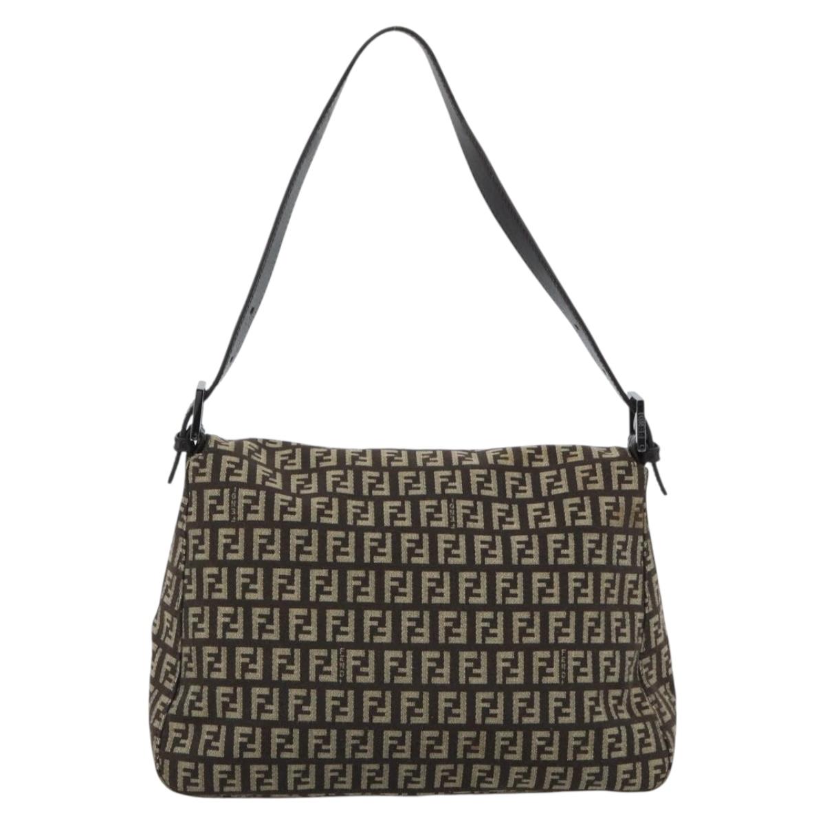 FENDI Zucchino Canvas Mamma Baguette Shoulder Bag Beige Silver Auth 185079V